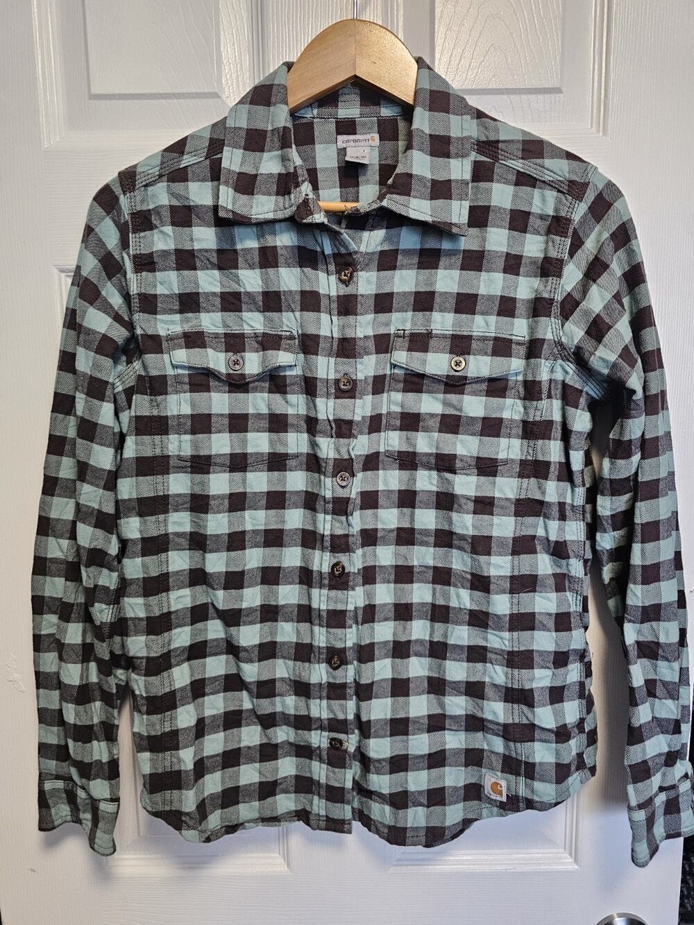 Carhartt Womens M(8-10) Flannel Button Up Shirt Long Sleeve Plaid Green Brown